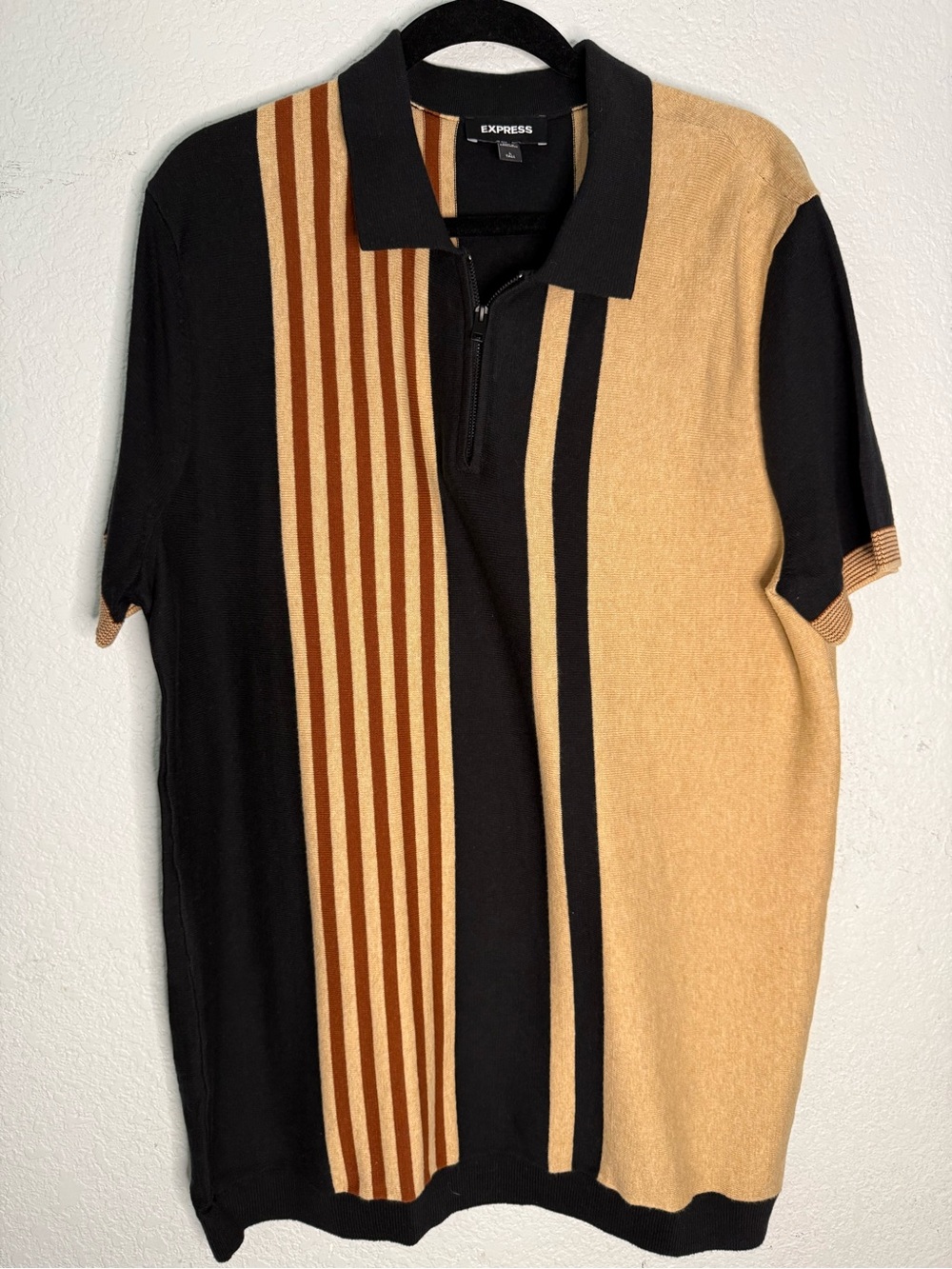 Express Men's Black and Tan Striped Short Sleeve Zip Polo